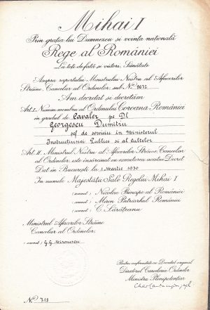 Brevet pentru Ordinul Coroana României în grad de cavaler, 1930, semnat olograf de G G Mironescu