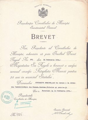 Brevet pentru semnul onorific Răsplata Muncii pentru 25 ani în serviciul Statului, 1934