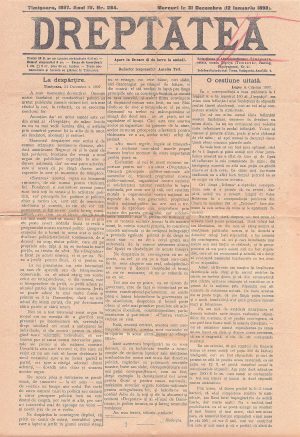Ultimul număr al ziarului Dreptatea din Timișoara, 31 decembrie 1897/12 ianuarie 1898