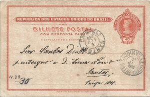 Bilhete postal con resposta pagada 40 reis Republica dos Estados Unidos do Brazil, 1909