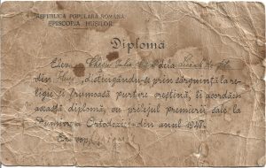 Episcopia Hușilor, diplomă pentru elevă pentru sârguință la religie și frumoasă purtare creștină, semnată olograf de episcopul Grigorie al Hușilor, 1948