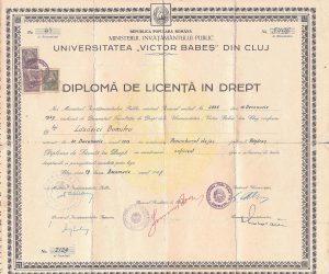 Diplomă de licență în Drept, Universitatea Victor Babeș din Cluj, 1947