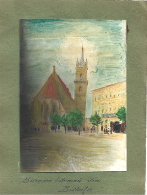 Biserica luterană din Bistrița, fotografie colorizată manual cu acuarele, perioada interbelică