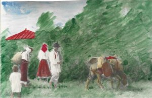 Țărani români cu măgar, fotografie colorizată manual, Vechiul Regat, perioada interbelică