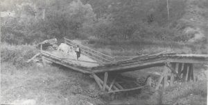 Car cu boi pe podul din lemn de la Costomiru, județul Buzău, 1912