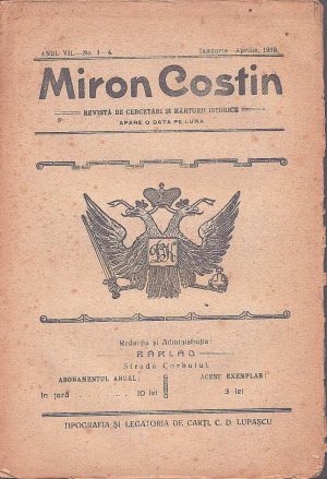 Miron Costin, revistă de cercetări și mărturii istorice, 1-4/1919, Bârlad