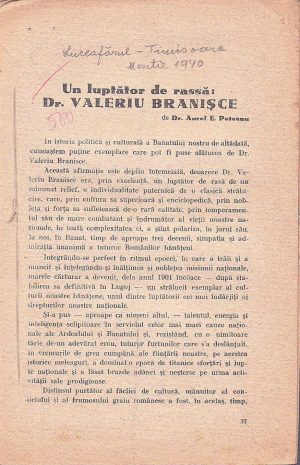 Un luptător de rassă, dr Valeriu Branișce de dr Aurel E Peteanu, fără an