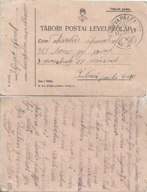 Carte poștală militară austro-ungară trimisă pe frontul românesc, 1917, Magyar királyi 313 honvéd gyalogezred, Tábori posta 640, Tábori postai levelezőlap futott Zagyvapálfalva