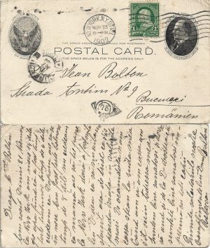 Carte poștală trimisă la București de emigrantă din România abia ajunsă în SUA, 1902