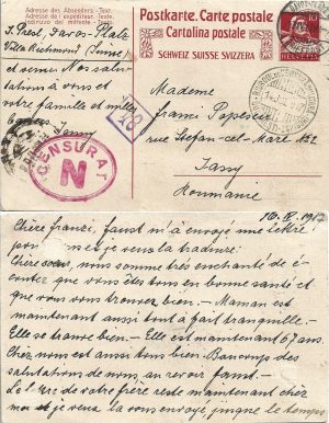 Carte poștală circulată Davos-Iași, 1917, ștampile de cenzură militară
