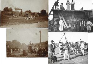 Țărani români la treierat cu batoza și la cernut cereale cu sita, sfârșit de secol al XIX-lea, lot de 4 fotografii