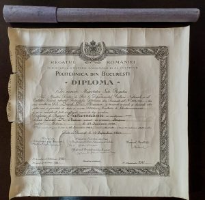 Diplomă de inginer electromecanic, 1944, Politehnica din București, absolvent originar din Focșani