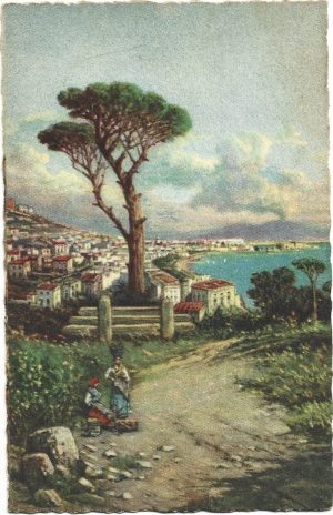Napoli, Panorama dalla Villa Patrizi (Posillipo), pittore G Carelli, carte poștală