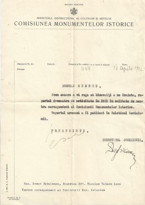 Act cu antet Comisiunea Monumentelor Istorice, 1932