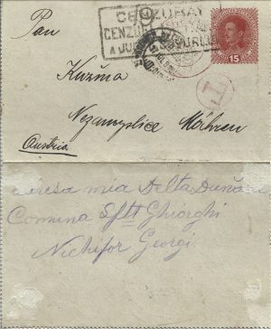 Carte poștală circulată Sfântu Gheorghe, Delta Dunării - Austria, 1918, ștampilă Cenzura a județului Covurlui
