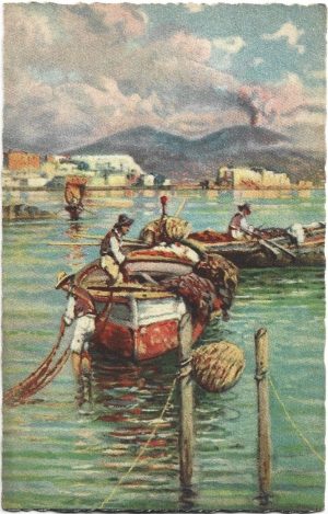 Napoli, Vesuvio con barche, pittore G Carelli, carte poștală
