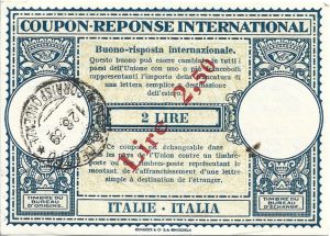 Coupon-reponse international Italia 2 lire supratipar Lire 2,50, 1939/Coupon-reponse international Italia 2 lire overprint Lire 2,50, 1939