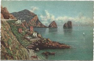 Capri, I faraglioni e la piccola marina, pittore G Carelli, carte poștală