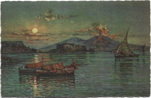 Napoli, Vesuvio di notte con barche peschereccie, pittore G Carelli, carte poștală