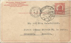 Carte poștală destinată lui A O Gellner, reprezentant International Harvester Company, 1939, circulată Los Angeles - București
