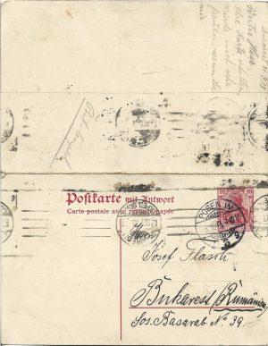 Postkarte mit Antwort circulată Posen-București, 1913