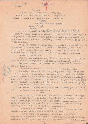Decizie penală într-un proces de sabotaj, 1944, Curtea de Apel din Galați