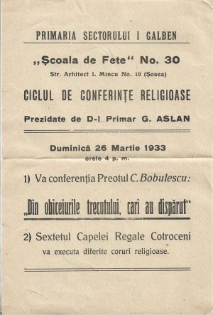 Afiș Conferințele religioase prezidate de primarul Garabet Aslan al Sectorului I Galben București, anii 1930