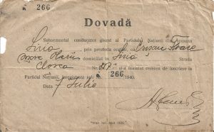 Partidul Națiunii (ex Frontul Renașterii Naționale), dovadă de înscriere în partid, 1940, Șiria, județul Arad