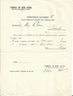 Act cu antet Fabrica de bere Azuga, 1925