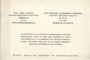 Invitație la nuntă, 1933, Dan Andronescu - Rodica Vlasto, naș George Matei Cantacuzino