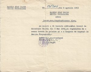 Marele Stat Major, Secția Propagandă, act privitor la brevetul unei decorații, 1943