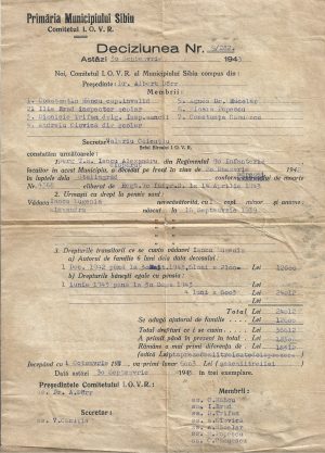 Decizie acordare pensie de urmaș pentru familia unui sergent TR român din Regimentul 90 Infanterie dispărut la Stalingrad în 1942, Sibiu, 1943
