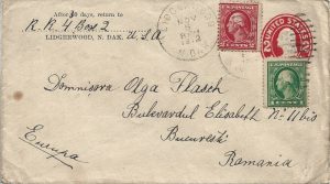 Întreg poștal SUA 2 cents + 2 cents + 1 cent circulat Lidgerwood - București 1912/Postal stationery USA 2 cents + 2 cents + 1 cent