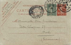 Carte poștală franceză circulată Mulhouse-Ploiești, 1919
