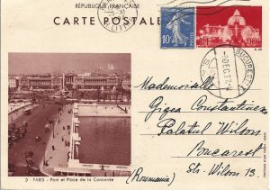 Carte poștală franceză circulată Paris - București, 1937