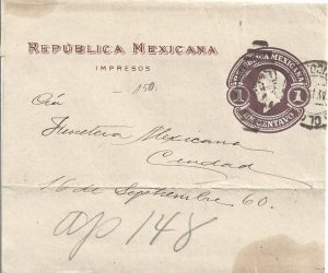Întreg poștal Republica Mexicana 1 centavo, plic tăiat/Postal stationery Republica Mexicana 1 centavo cut out