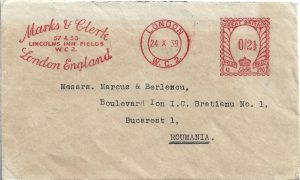 Marcus & Berlescu, birou de brevete de invenție din București, firmă evreiască, plic expediat din Anglia, 1939