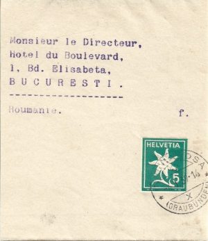 Manșetă cu adresa directorului Hotel du Boulevard din București, 1939