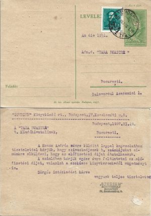 Carte poștală primită de revista Țara Noastră, organ oficial al Partidului Național Creștin al lui Octavian Goga, 1937
