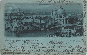 Panorama dal Campanile di S Marco verso la Salute, Venezia, carte poștală circulată la Calafat, 1899, adresată unui evreu