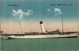 Constanța, Vaporul Regele Carol în port, carte poștală circulată Constanța - Stâlpeni, județul Muscel, ștampilă Câmpulung Muscel