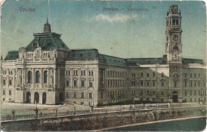 Oradea, Primăria - Városháza, carte poștală circulată Oradea - Curtea de Argeș, 1928