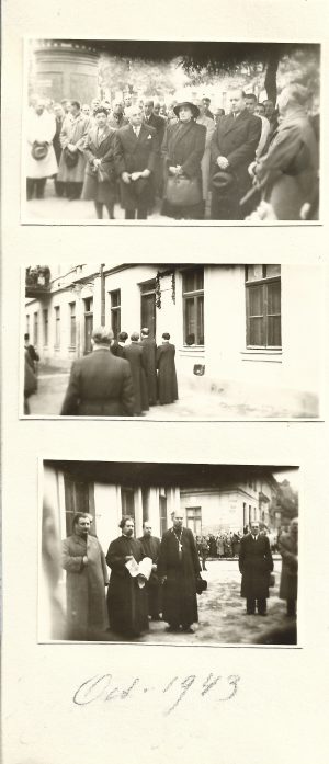 Veturia Goga, oficialități și invitați la dezvelirea plăcii comemorative pe casa în care a locuit Octavian Goga, octombrie 1943, lot de 3 fotografii