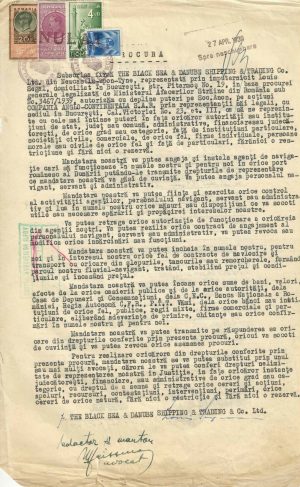 Procură a companiei The Black Sea & Danube Shipping & Trading Co Ltd către Compania Anglo-Continentală S A R, 1939