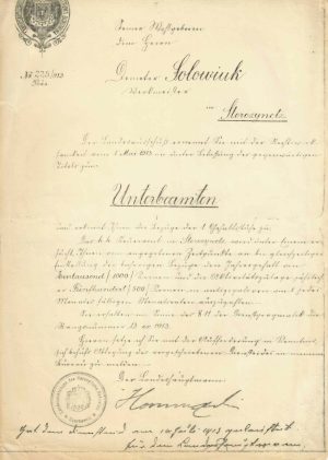 Numire în funcția de subfuncționar public, Storojineț, Bucovina, semnat olograf de Alexandru de Hurmuzaki, 1913, copie litografiată de epocă
