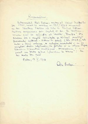 Radu Enescu, recomandare pentru Stelian Vasilescu, act olograf, 1976, Oradea