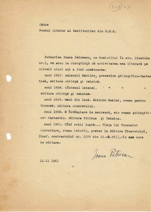 Ioana Petrescu, scriitoare, semnătura olografă, 1961