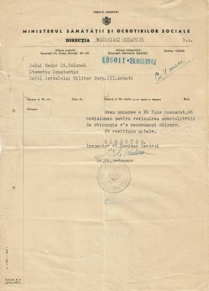 Recunoașterea specializării medicale de chirurg a medicului-șef al Spitalului Militar al Corpului 3 Armată, 1942