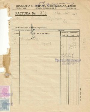 Tipografia și librăria arhidiecezană Sibiu, 1944, factură