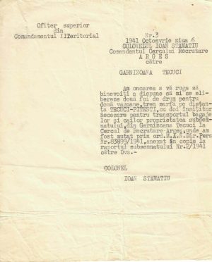 Comandantul Cercului Recrutare Argeș, 1941, cerere de foi de drum